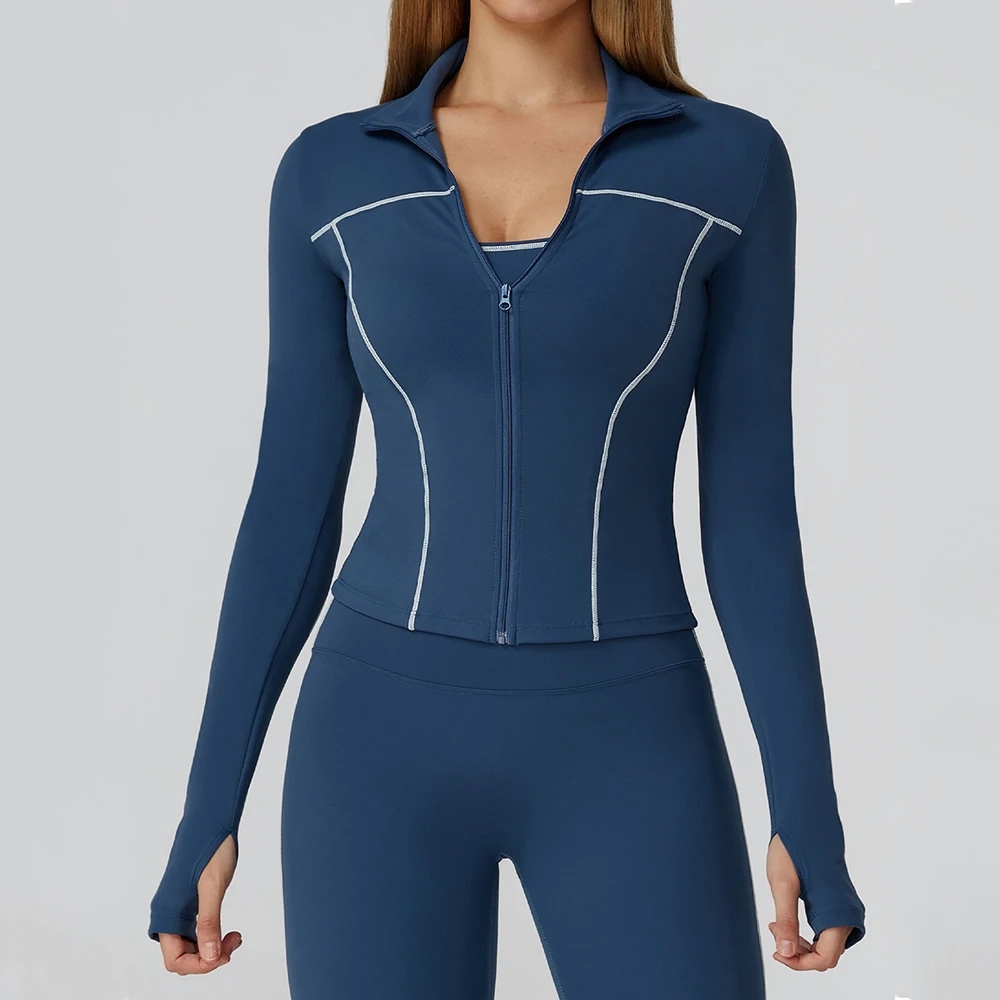 

Outdoor Sports Long Sleeved Zipper Cardigan Stand Up Collar Jacket Women Slim Yoga Clothes Quick Dry Running Fitness Jacket Top