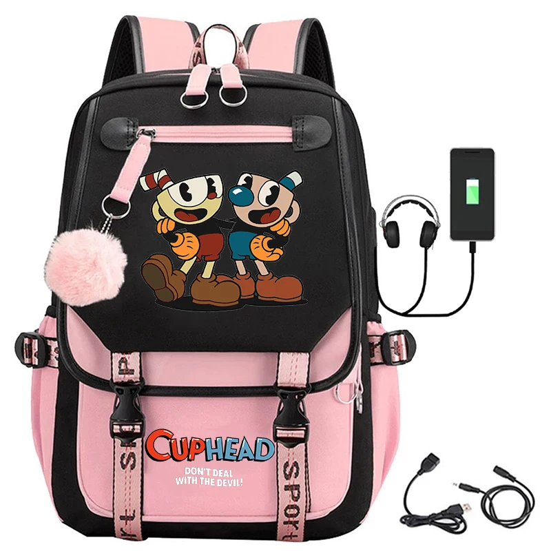 Cuphead Backpacks Teenager Usb Schoolbag Fashion Women Back Pack Cartoon Print Bookbag Girls Plush Ball Backpack Travel Bag