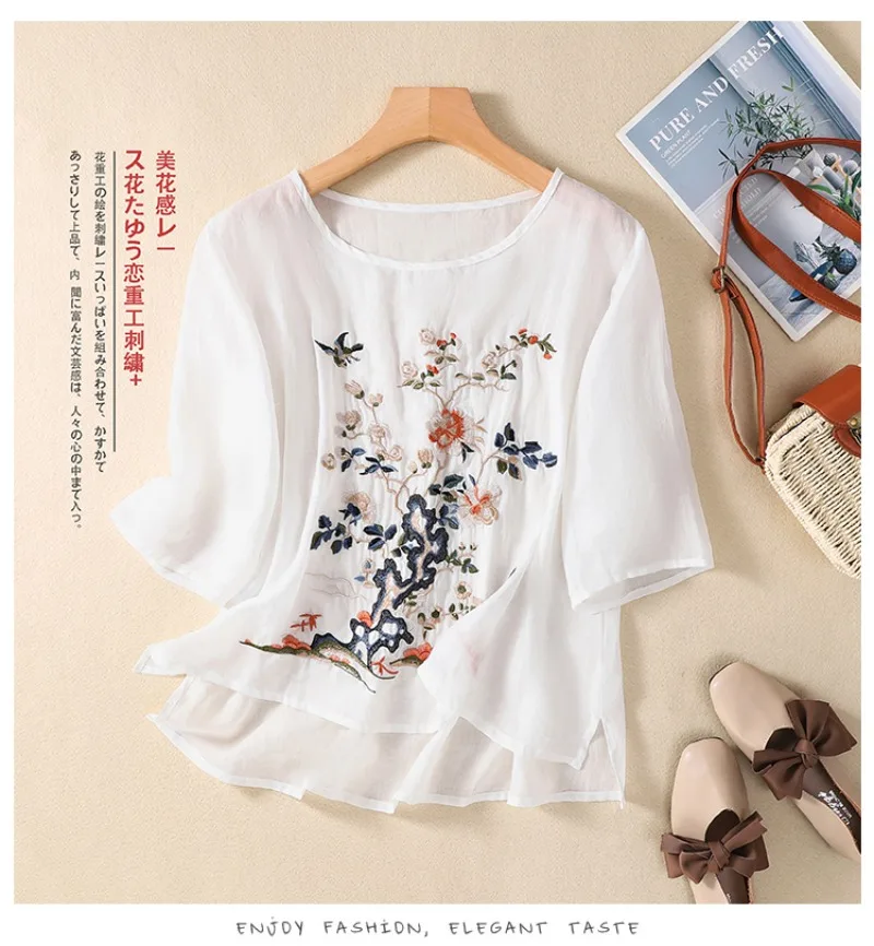 Women's Embroidery Shirt, Floral Print Blouses, Loose Fashion, Short Sleeve Top, Chinese Style, O-Neck, New, Summer