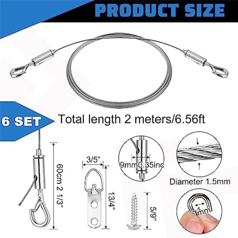 6Piece Picture Hanging Wire Kit With D Rings Supports 50 Lbs Adjustable For Picture, Light Lamp