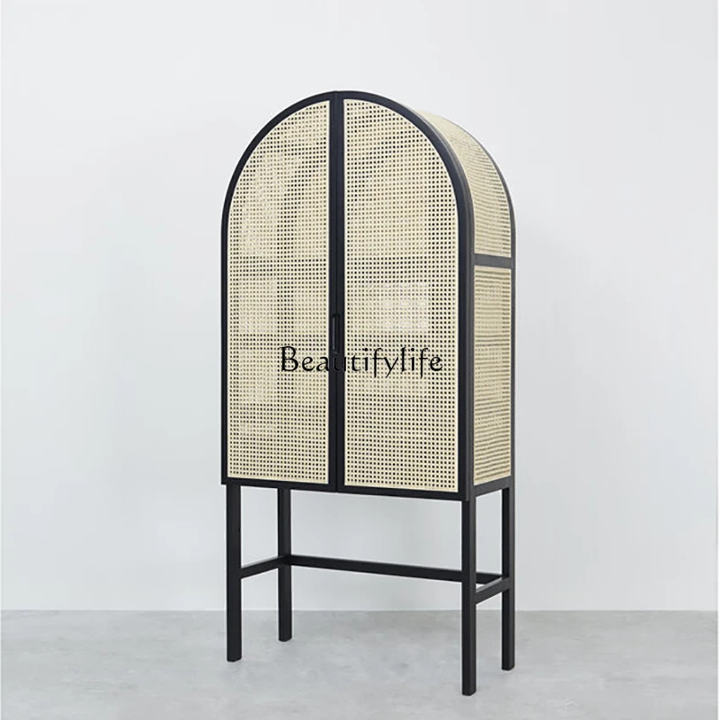 

Retro American rattan dining side cabinet Nordic solid wood rattan door dressing cabinet