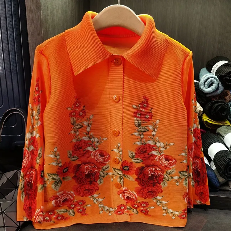 Miyake Pleated Shirt Senior Sense Fashion Lapel Jacket Women 2025 Spring New Commuter Flowers Printed Long-sleeved Pleated Tops
