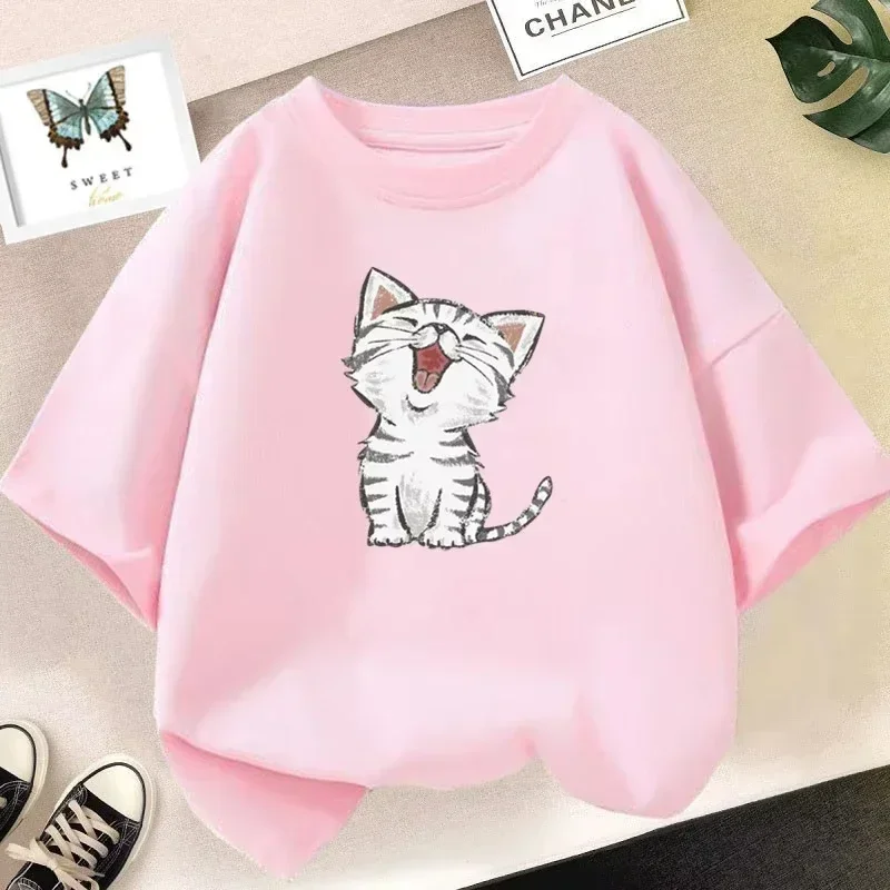 Girls Boys Fashion Red Short Sleeve T Shirt Adorable Happy Meowing Striped Cat Sketch Print Summer Versatile Comfort Tee