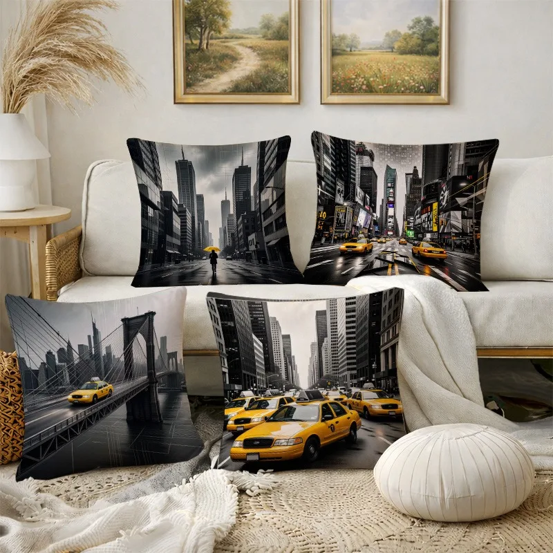 Printed Quad Pack Throw Pillow Covers Noir Style Urban Streetscape Skyline Art Cushion Case for Living Room Decor
