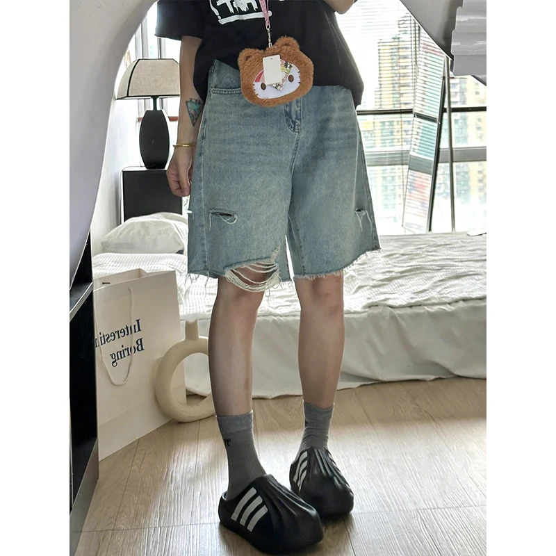 YIBASHU 2026 Summer Women American Retro Boyfriend Jorts Jean Shorts Ripped Denim Shorts Y2K 2000s Japanese Harajuku Blue Jeans