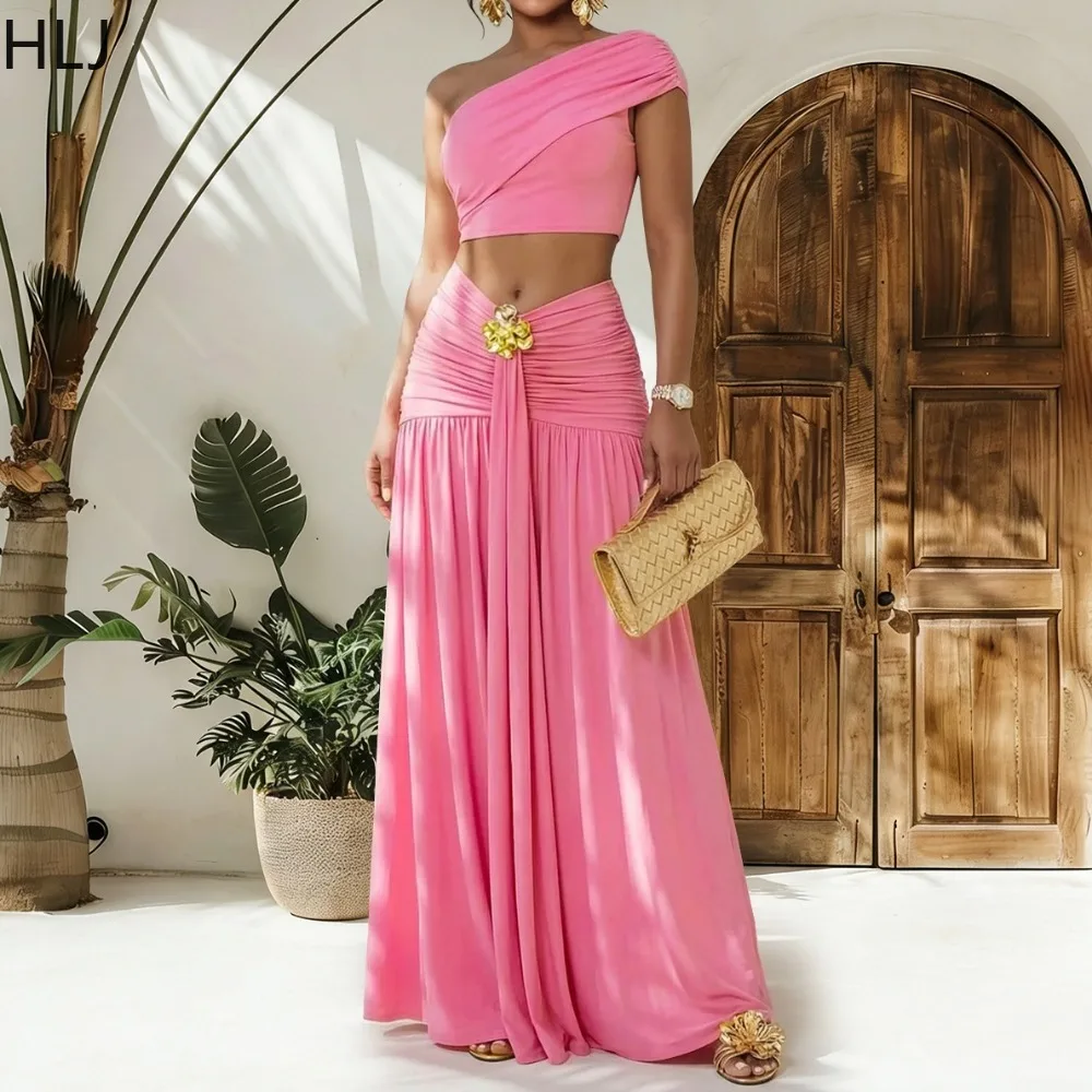 HLJ Casual Solid Color Ruched Patchwork 2 Pieces Set for Woman Off Showlder Backless Crop Top + Skirt Matching Female Streetwear