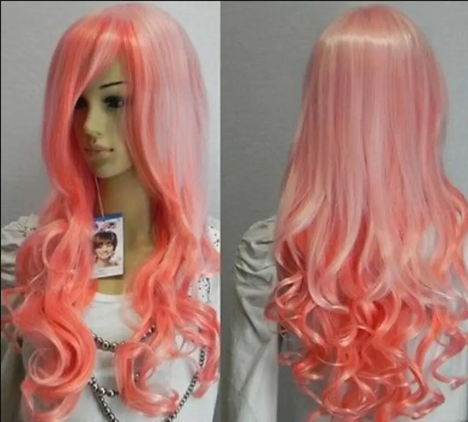 New Cosplay beautiful long pink mixed curly women Hair wig