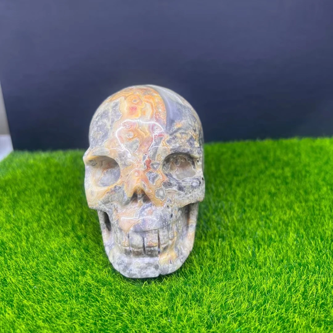 Mexican Crazy Agate Skull Statue Natural Stone Carved Healing Crystal Reiki Ornament Supplies Wicca Home Decoration
