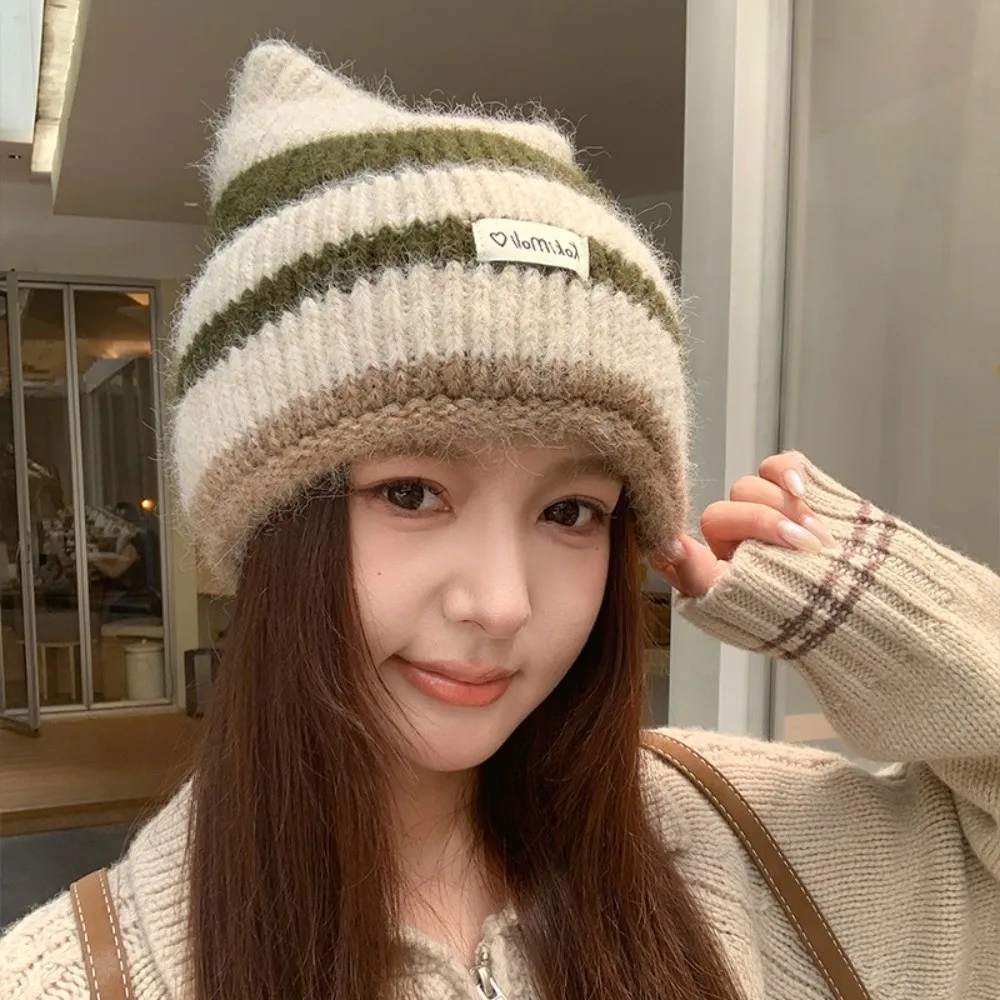 Wool Polyester Mix Striped Knitted Beanie Hat 56cm To 58cm Head Circumference Stretchy Fit Earflap Cat Ear Beanie