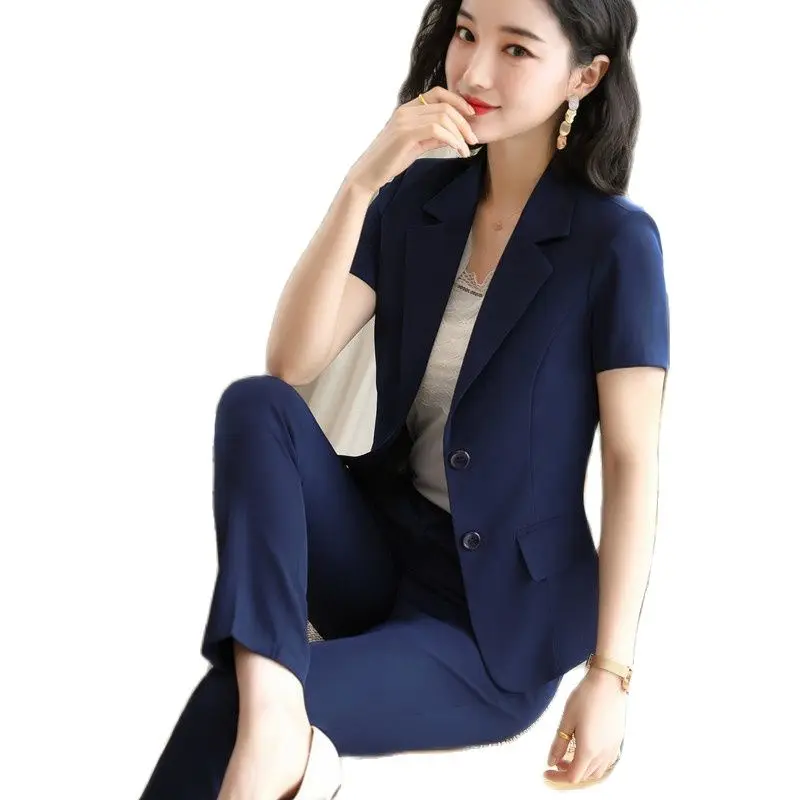 

Summer Short Sleeve Elegant Blue Professional Women Business Suits with Pants and Tops OL Styles Blazers Set Pantsuits