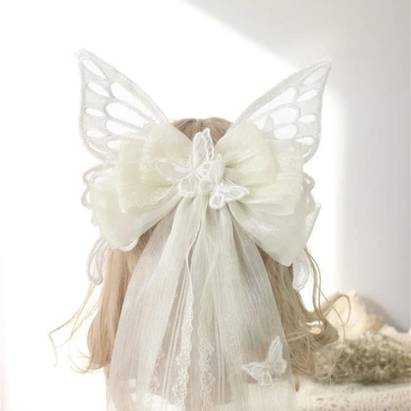 Spinka do włosów Cosplay koronka z motylkami Lolita pokojówka Goth spinki do włosów z diabelskim skrzydłem z rękawem typu nietoperz wstążka kokardka akcesoria do włosów
