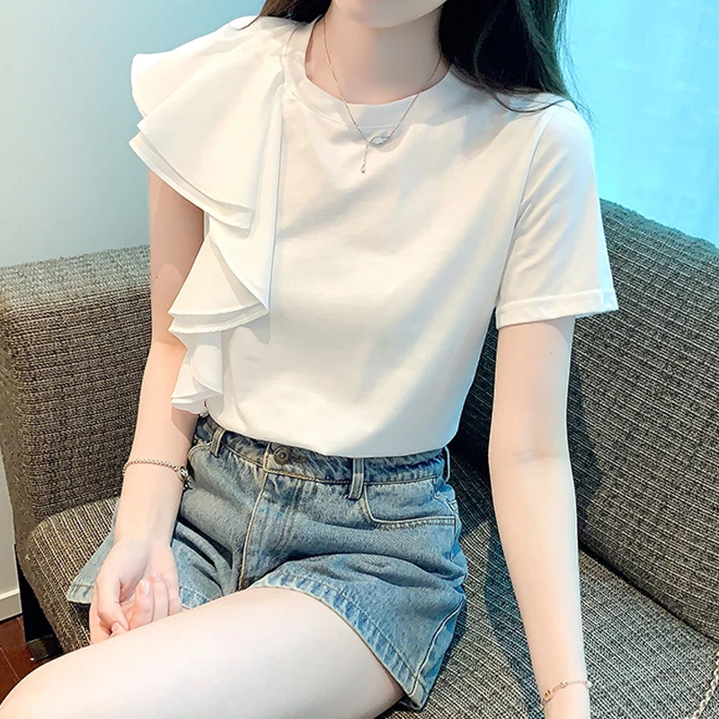 Summer White Irregular Ruffled Blouse Women O Neck Fashion Short Sleeve Elegant Shirt Korean Female Casual Loose Tops 1004
