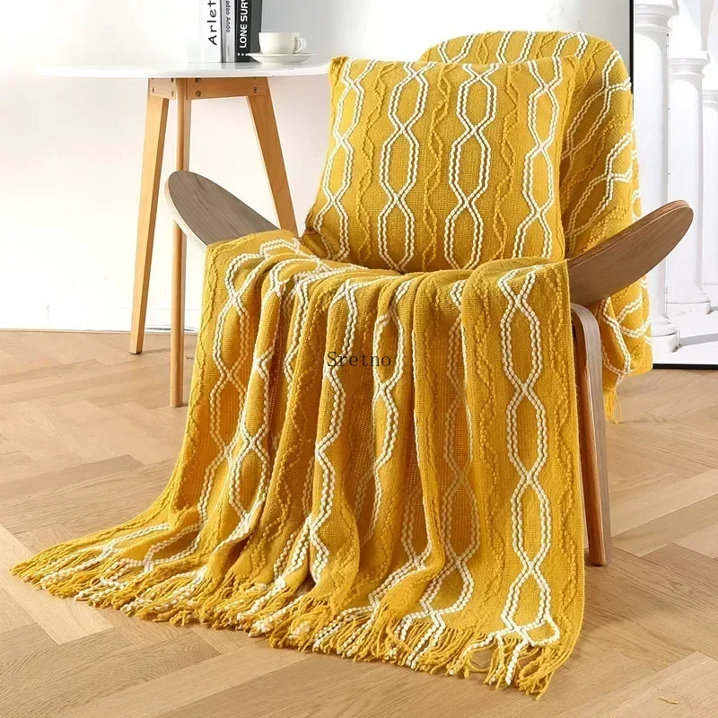 Bohemian Sofa Blanket Knitted Throw Blanket Shawl Contrasting Bed Towel Wool Sofa Manta New In Warm Winter 2025 Home Decorations