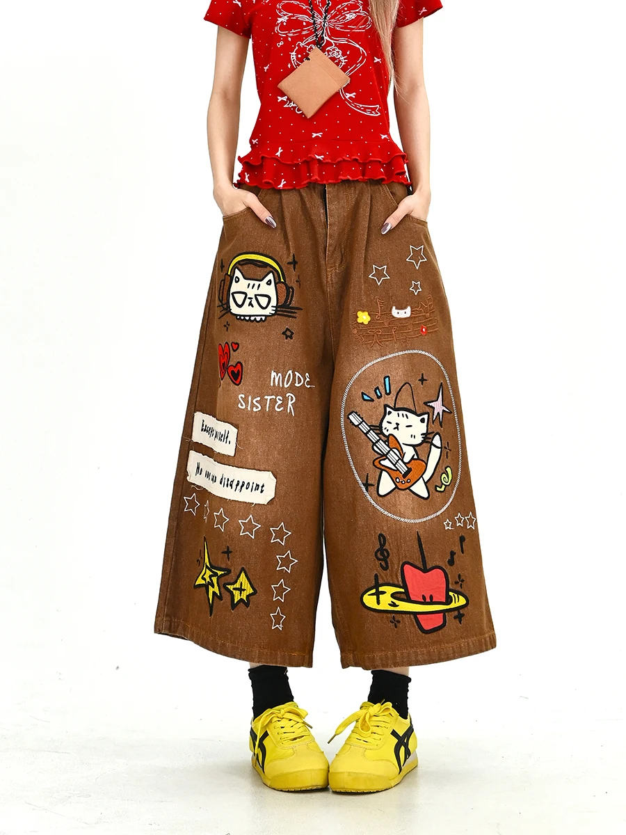 

Retro Ro s Denim Wide Leg Pants Women's Loose Fit American Sle Summer New Arrival Nine Points Jeans Trendy Casual Trou...