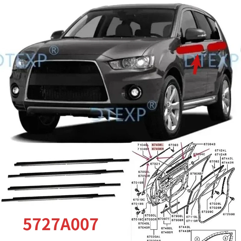 For Outlander 2007-2012 CW 5727A007 Protect WeathersStrip Outside Black Window Glass 4 Pieces  Rubber