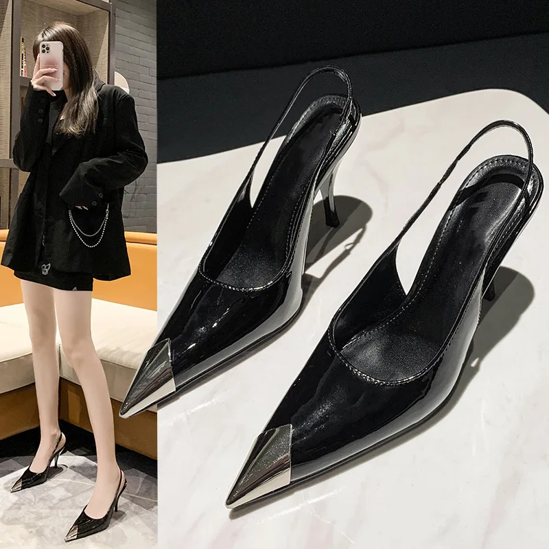 Shallow High Heels Women Shoes Pointed Metal Toe 2023 New Patent Leather Pumps Sandals Shoes Temperament Black 6/9cm Heels Women