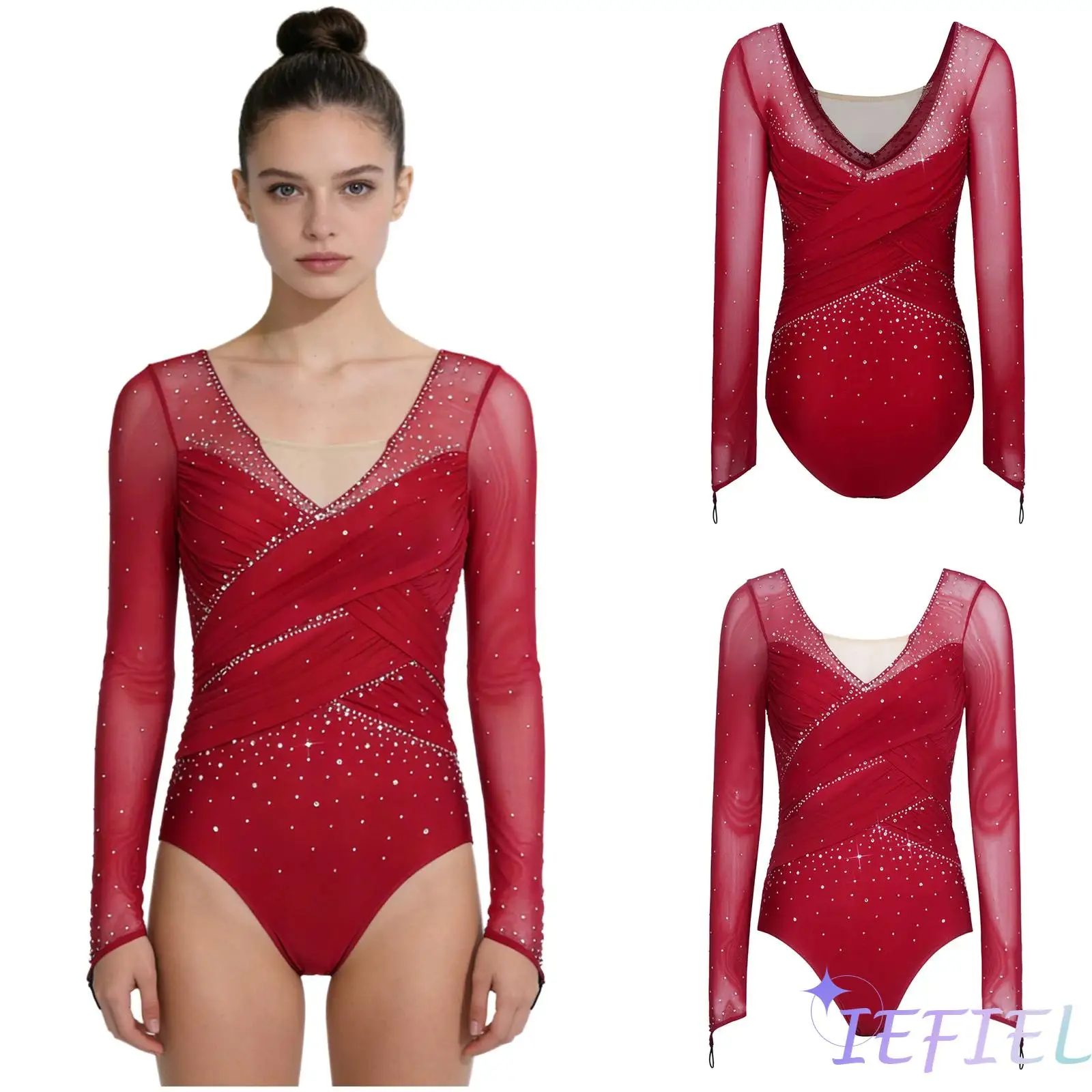 

Womens Gymnastics Bodysuit Long Sleeve Rhinestone Ballet Latin Salsa Dance Leotard Jumpsuit for Figure Skating Dance Performance