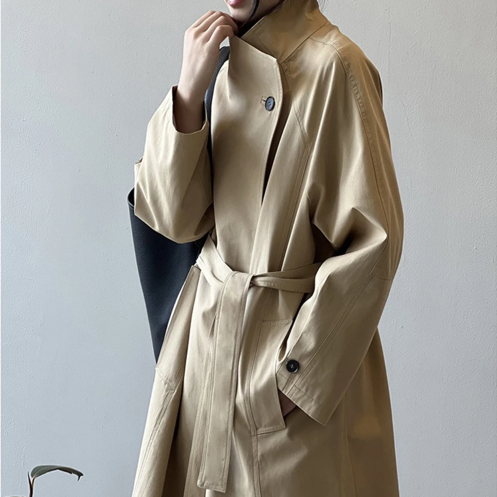 TWOTWINSTYLE Solid Spliced Lace Up Trench Female Turtleneck Long Sleeve Loose Casual Basics Women's Trenchs Autumn Style Fashion