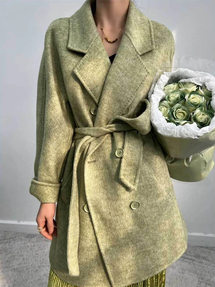 2023 New Thick 100% Wool Double-sided Coat Short Fashion Loose Double-breasted Lapel Lace-up Wool Coat Female Clothing Fit Winte