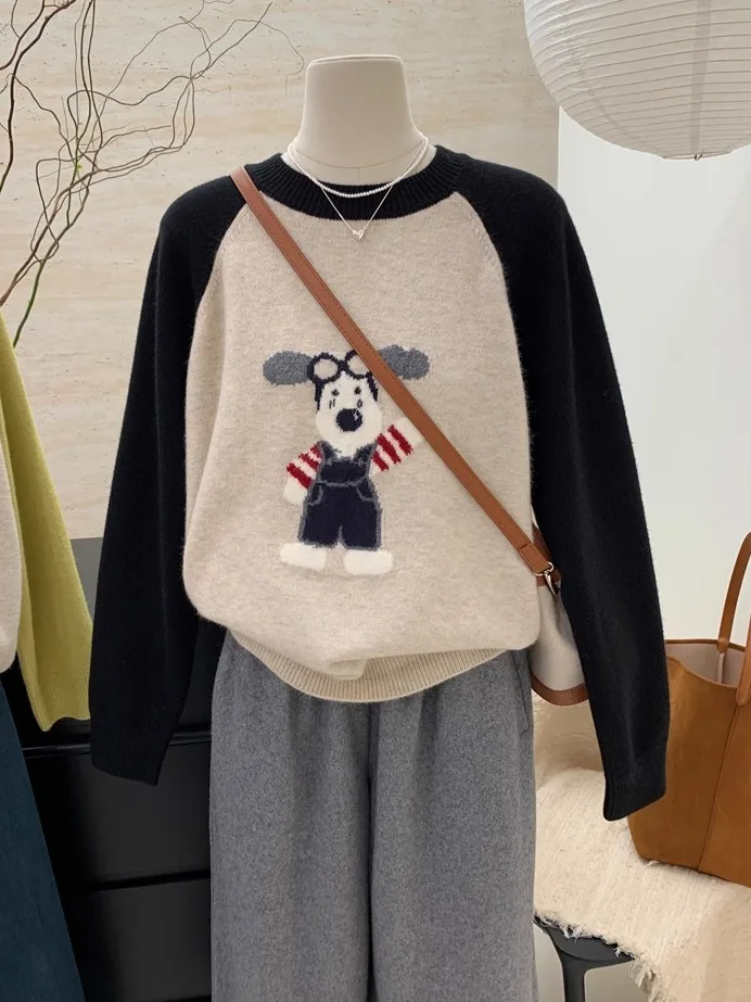 Cute Cartoon Dog Spliced Color Knitted Loose Sweater round Ne Long Sve Anti-pilling Autumn Winter Women's Faion Slimmi...