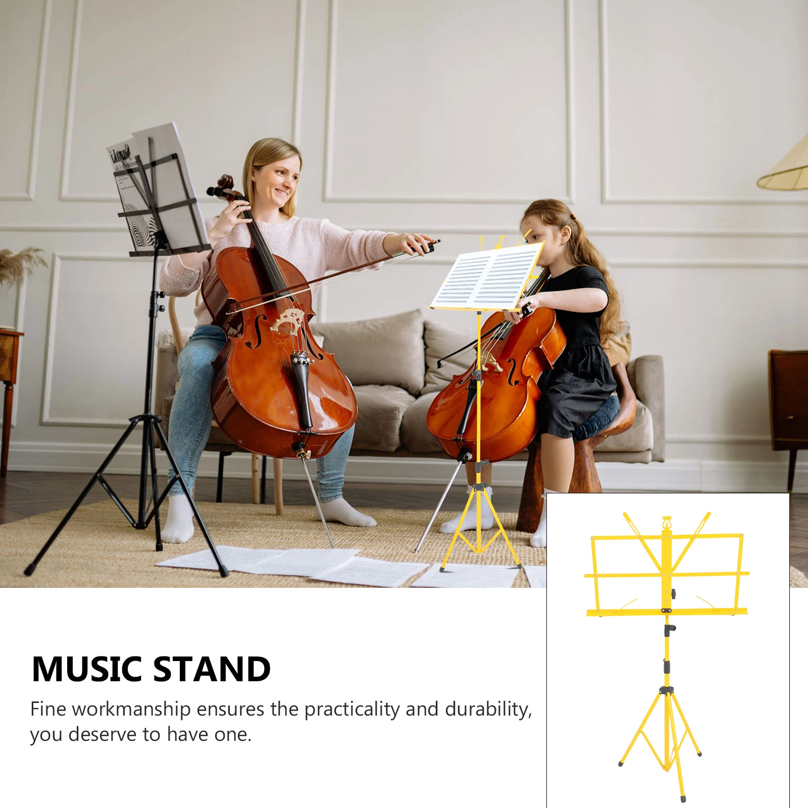 

Compact Folding Music Sheet Tripod Stand Yellow Metal Adjustable Height Nonslip Rubber Feet Lightweight Durable