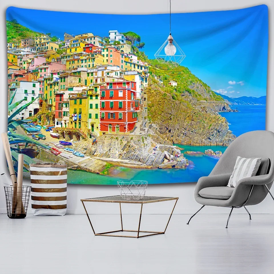 City Seascape Printing Wall Hanging Hippie Tapestry Wall Art for Living Room Bedroom Aestheticism Decorations Hanging Curtain