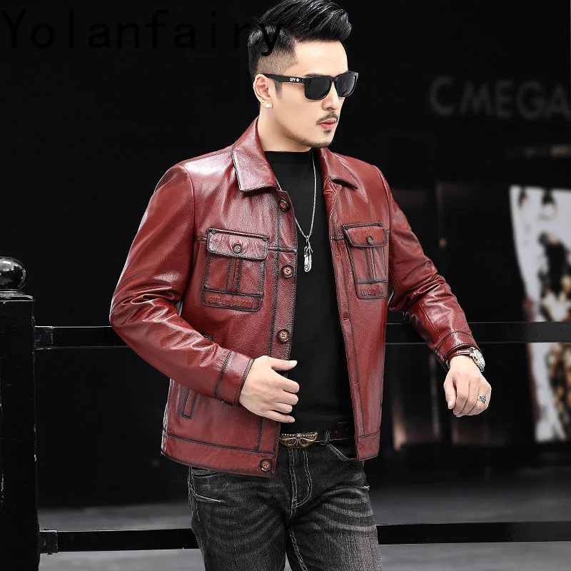 YOLANFAIRY Genuine Leather Cow Skin Jackets for Men Spring Autumn Korean Coats Motorcycle Jacket Casual Chamarras De Piel