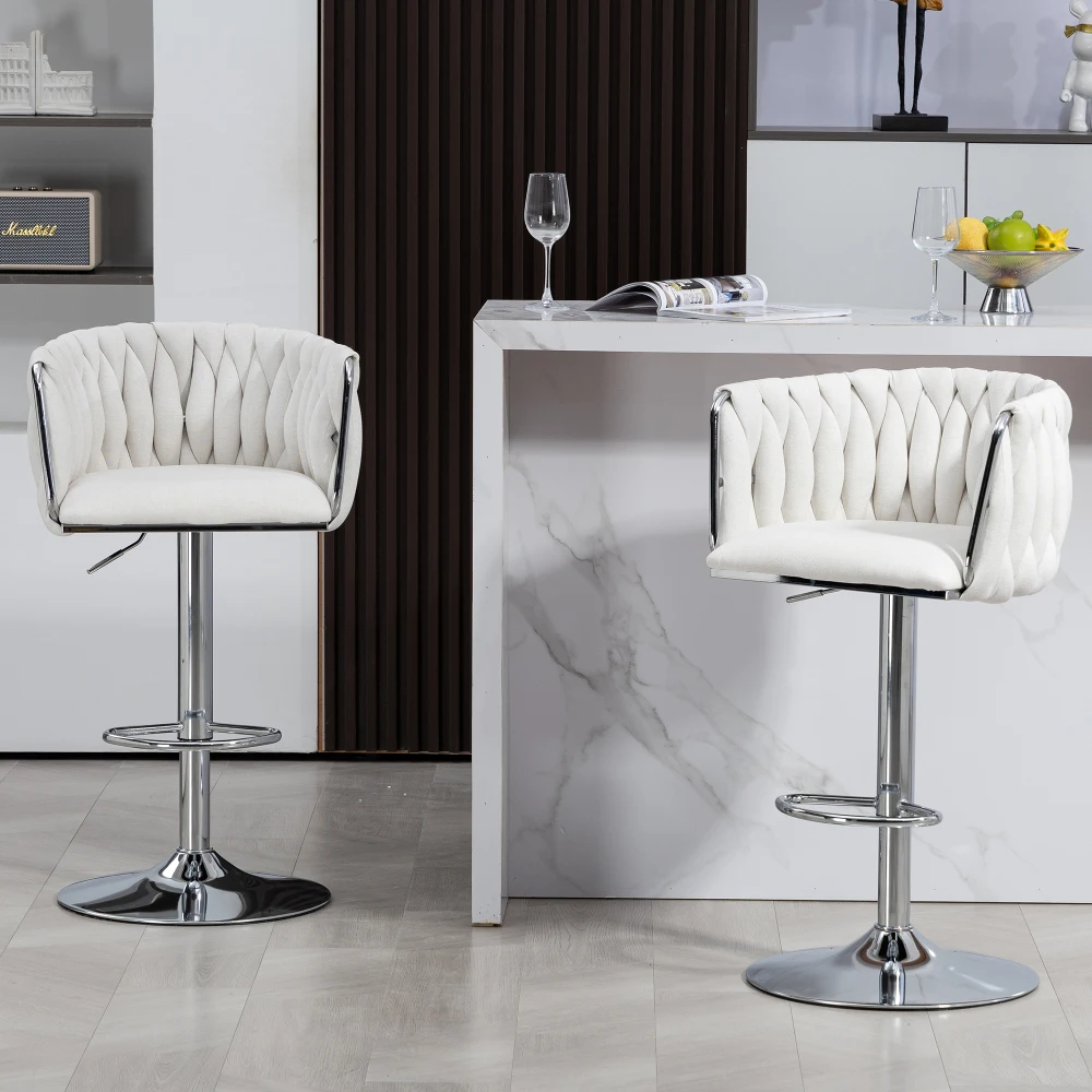 Orraves 360° Fabric Cover Swivel Bar Stools Set of 2, Adjustable Counter Height Bar Chairs with Woven Back & Footrest, Silver Chromed Bar Stools for Kitchen Island, Cafe, Pub (Beige)