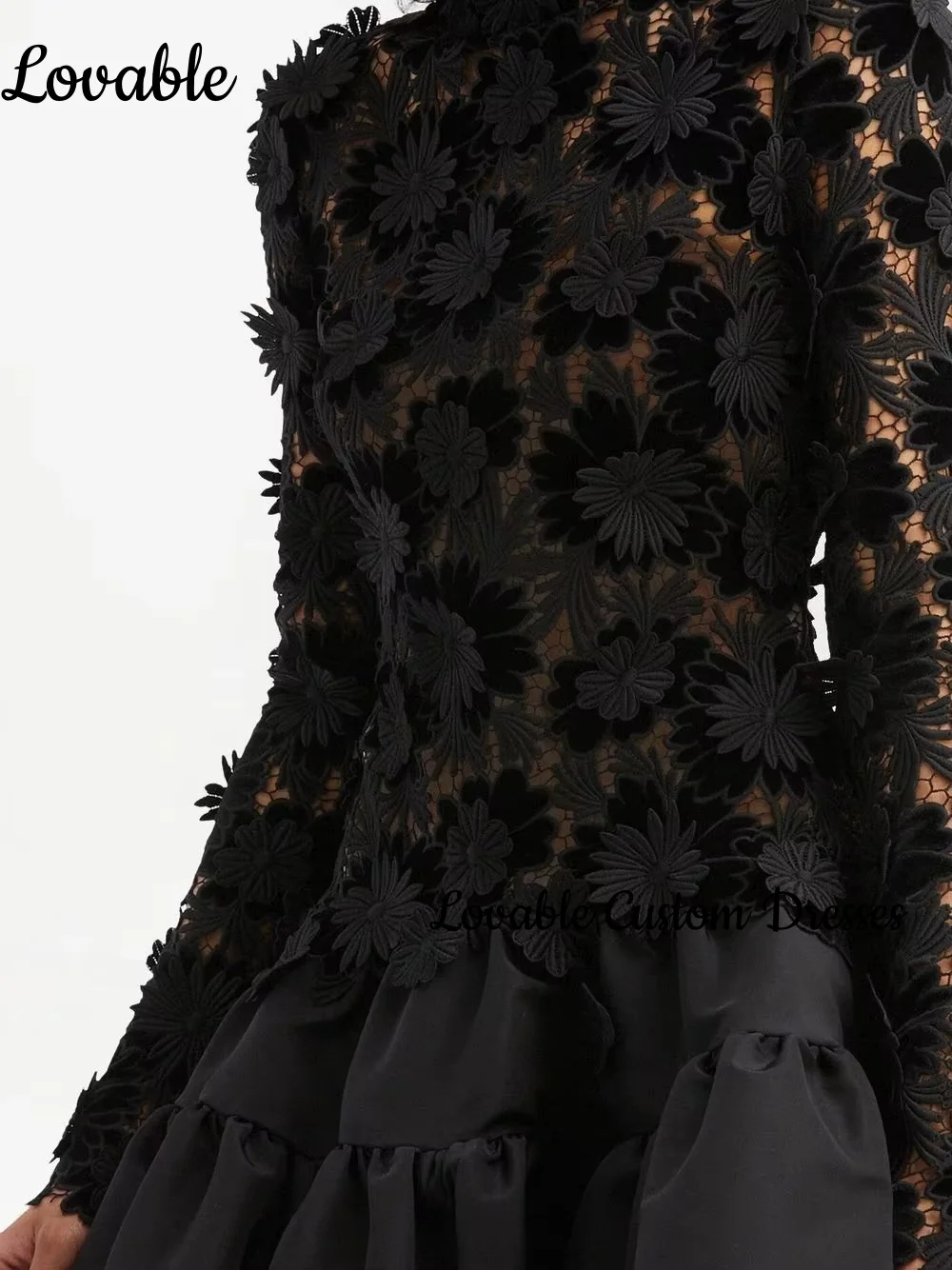 맞춤형 프롬 드레스 하이넥 긴팔 프롬 드레스 A라인 3D 레이스 홈커밍 드레스 블랙 파티 이브닝 드레스 오픈백