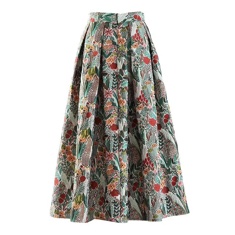 High Quality National Style Vintage Embroidery Jacquard Women Pleated Skirt Spring Autumn High Waist Elegant Mid-length Skirts