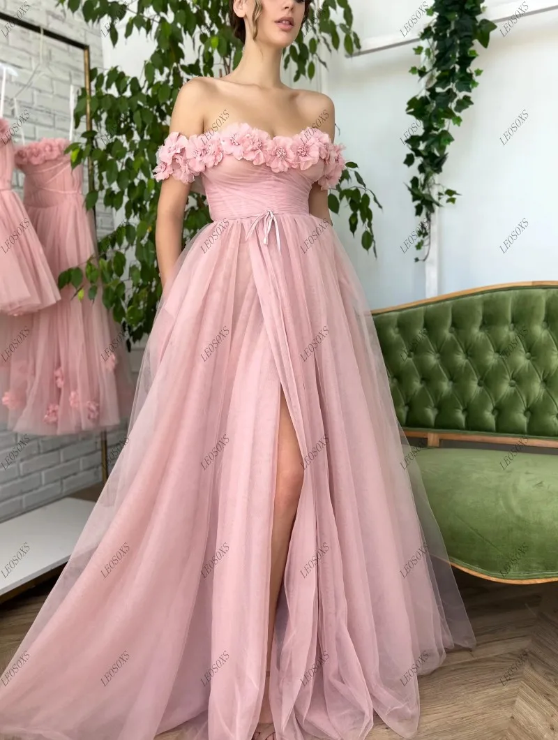 Fairy Pink 3D Flowers Tulle Prom Party Dress Floor Length Off the Shoulder Split Sweetheart A Line Pleats Formal Evening Gowns