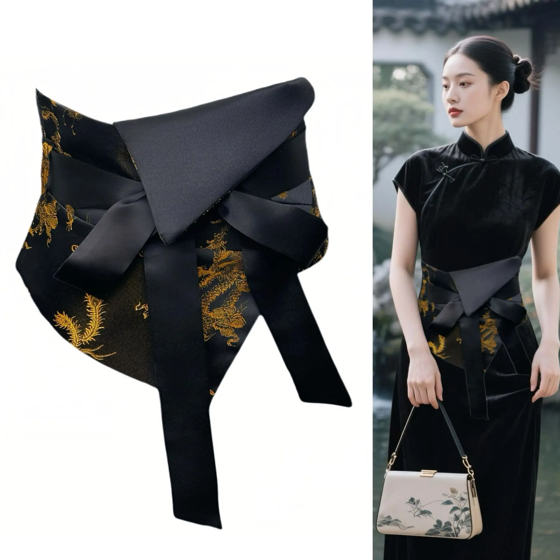 Gold Brocade Dragon Pattern Wide Waistband, Women's Accessory Waist Cinching, New Chinese Style Decoration for Dresses