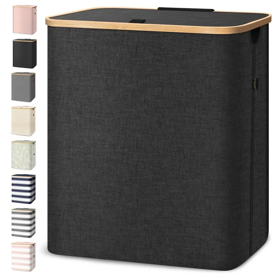 

Laundry Hamper with Lid, Tall Laundry Baskets with Bamboo Pull Handles, Large Laundry Bin with Internal Support 36 Gal 140L, Bla