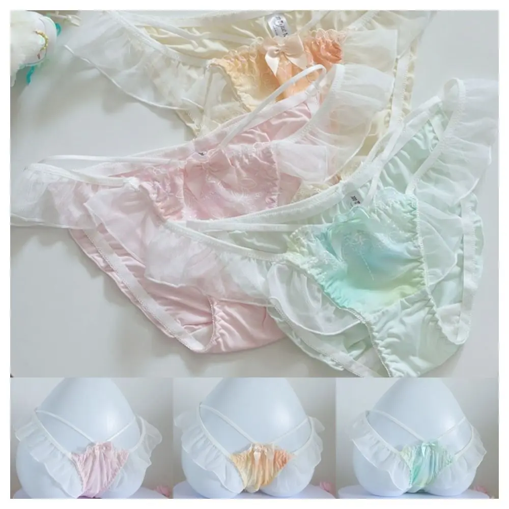 Sweet Flower Mesh Transparent Ruffle Briefs Cotton Crotch Low Waist Women\'s Lace Mesh Bowknot Panties Thin Elastic Girl