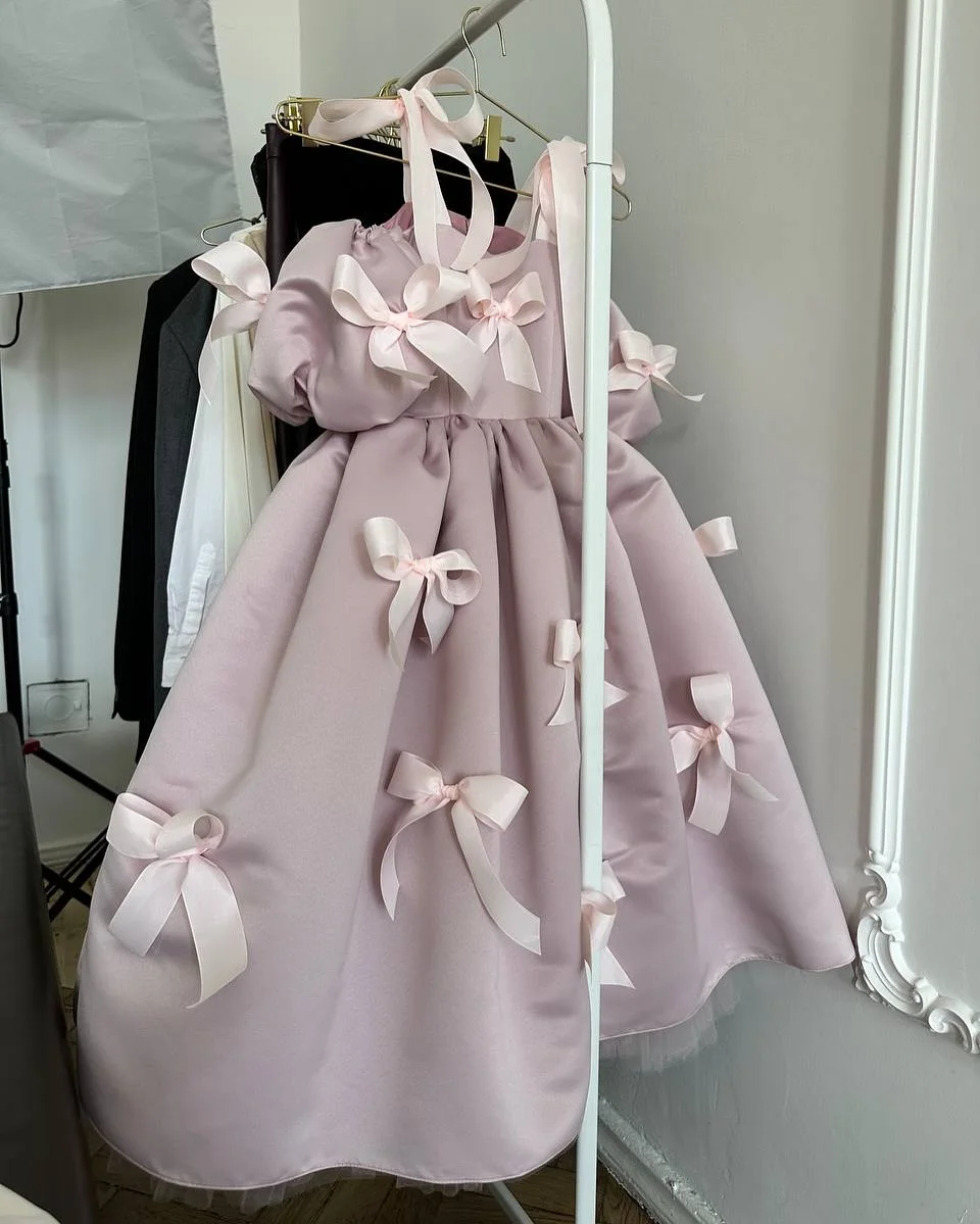 Jill desejo m021 elegante vestido de menina flor rosa com arcos cetim fora do ombro festival de aniversário festa de casamento vestido de concurso para crianças