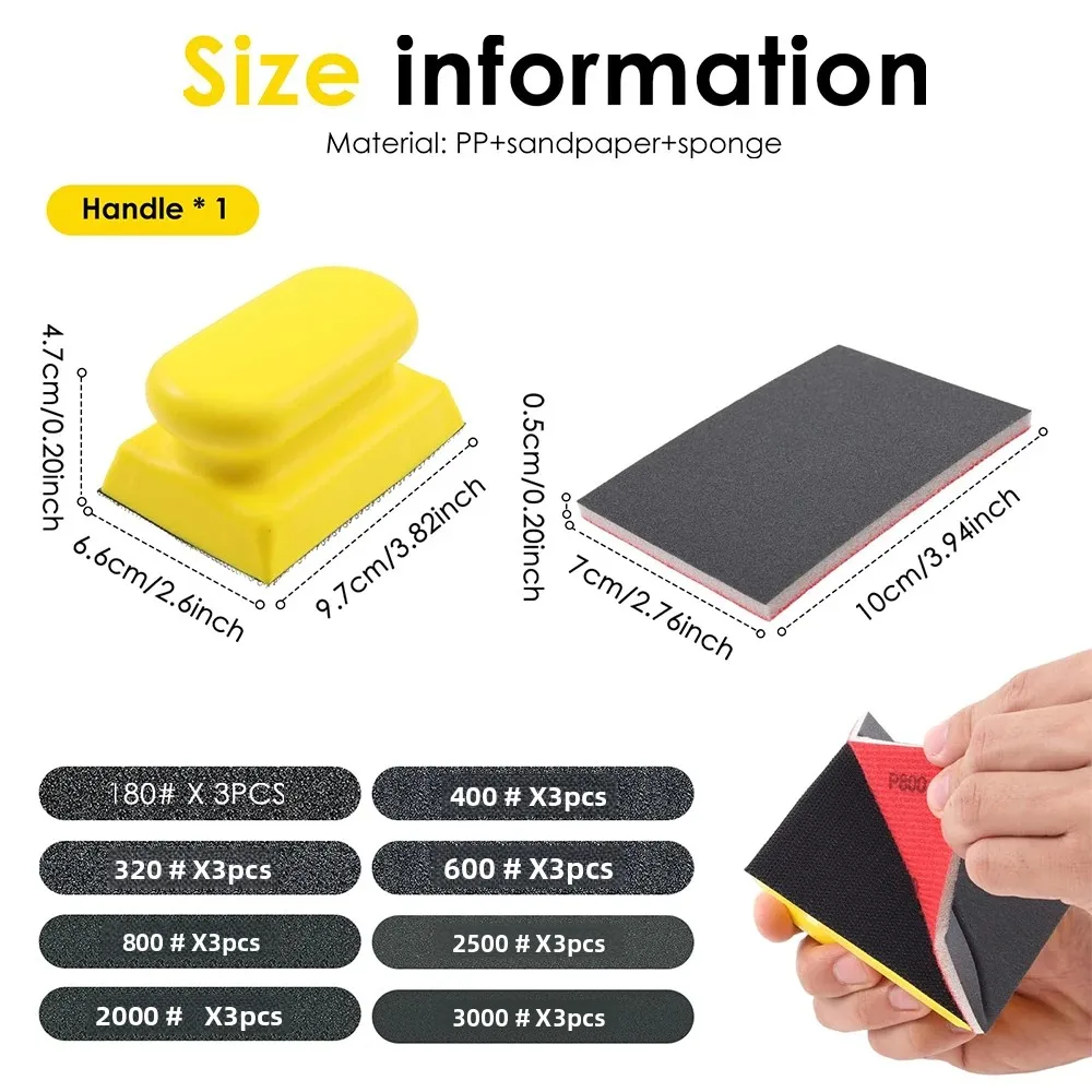 75X100 mm Sanding Sponge Set 25 Pcs with Hand Sanding Block Assorted 180-3000 Grit for Metal Wood Drywall Auto Repair Polishing