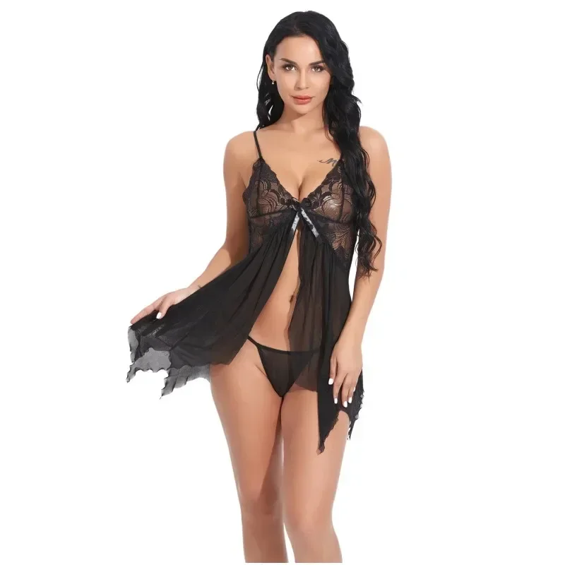 Sexy Lingerie Babydolls Women Erotic Pajamas Porn Lace Transparent Dress with Panties Set Sex Clothes Nighties Suit