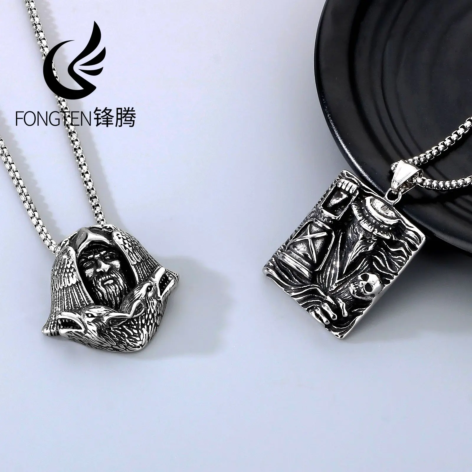 Fongten Eagle Double Werewolf Face Retro Doctor Crow Mouth Pendant Necklace For Men Stainless Steel Box Chain jewelry Halloween