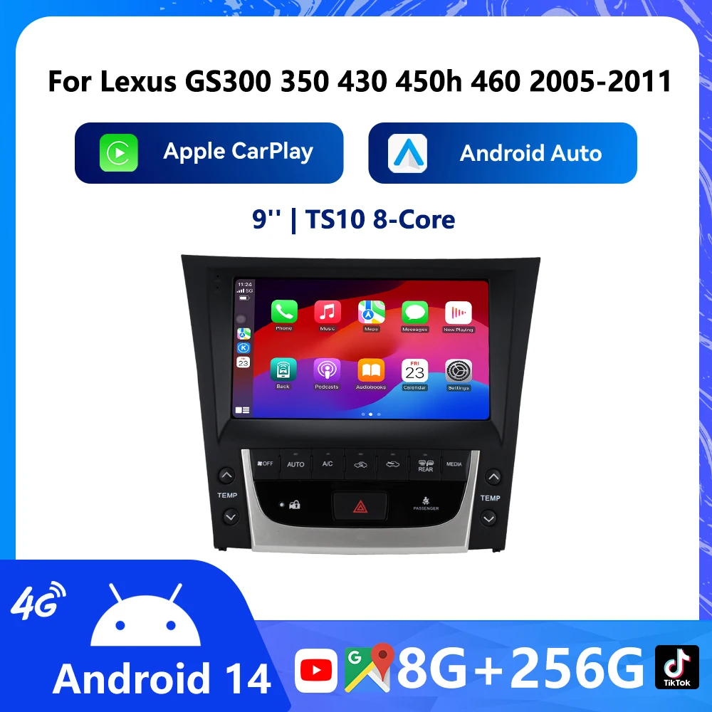 Carplay Android14 For Lexus GS 300/350/430/450h/460 2005-2011 Car Radio Multimedia Music Mideo Player GPS 8core 8G+256G WIFI BT