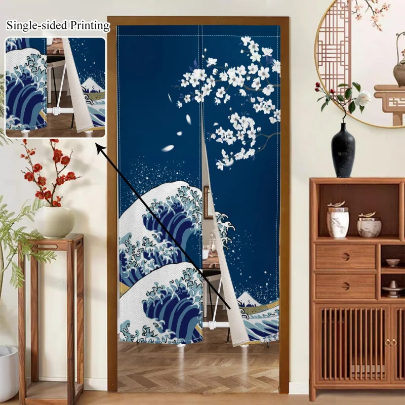 VIKAMA Ukiyo-e Ocean Waves Cherry Blossom Door Curtain New Chinese Style Bathroom Bedroom Privacy Cover Curtain