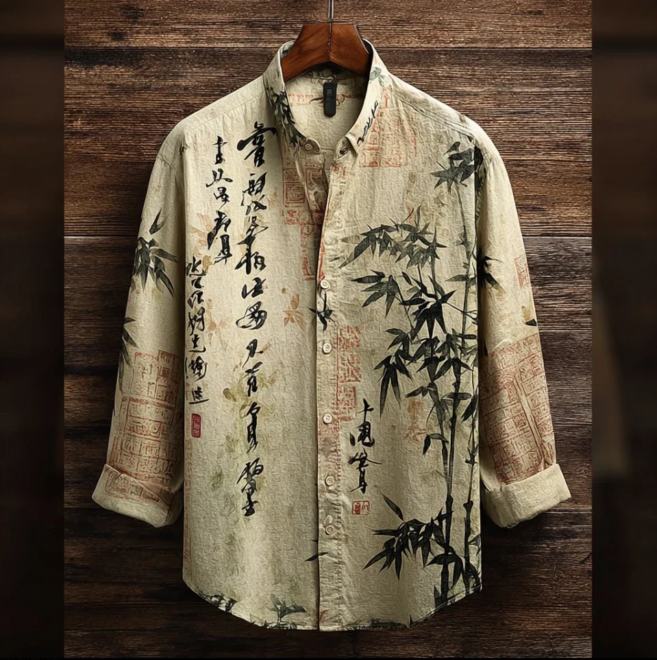 

New Men's China-Chic Style Calligraphy Bamboo Long Sleeve Shirt Literature Commuting Everyday Versatile Shirt