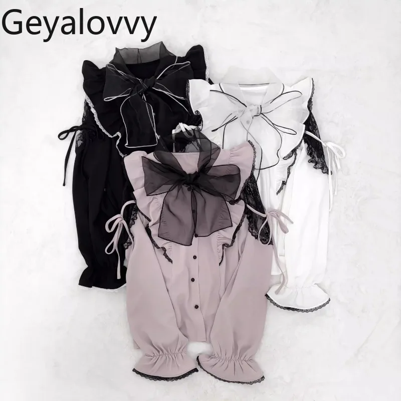 

Japanese Spring and Summer New Sweet Blouse Mesh Big Bow Off-the-shoulder Tops Lace Strap Long-sleeved Versatile Shirt