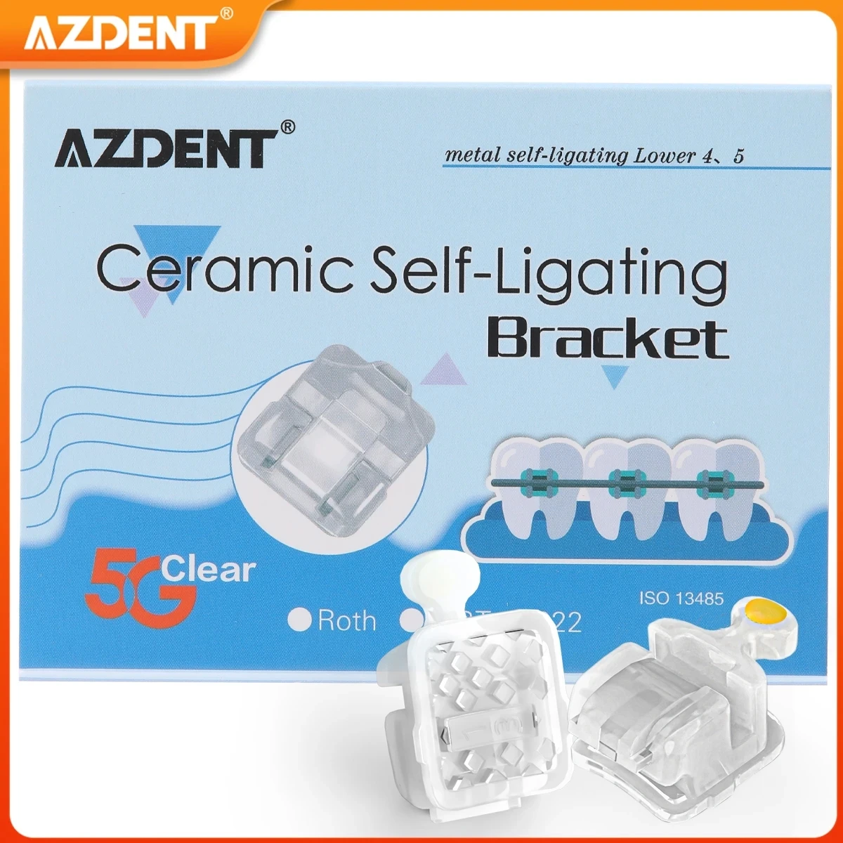 AZDENT Dental Bracket Ceramic Orthodontic Braces Clear Self-Ligating Passive Self-Locking Metal 4 & 5 Roth MBT 0.022 with Tool