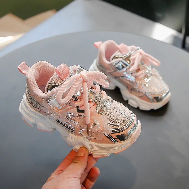 Kids Sneakers Princess Style Children Sports Shoes Non-slip Thick Soft Sole 2025 New Fashion Girls Running Shoes Sweet Elegant