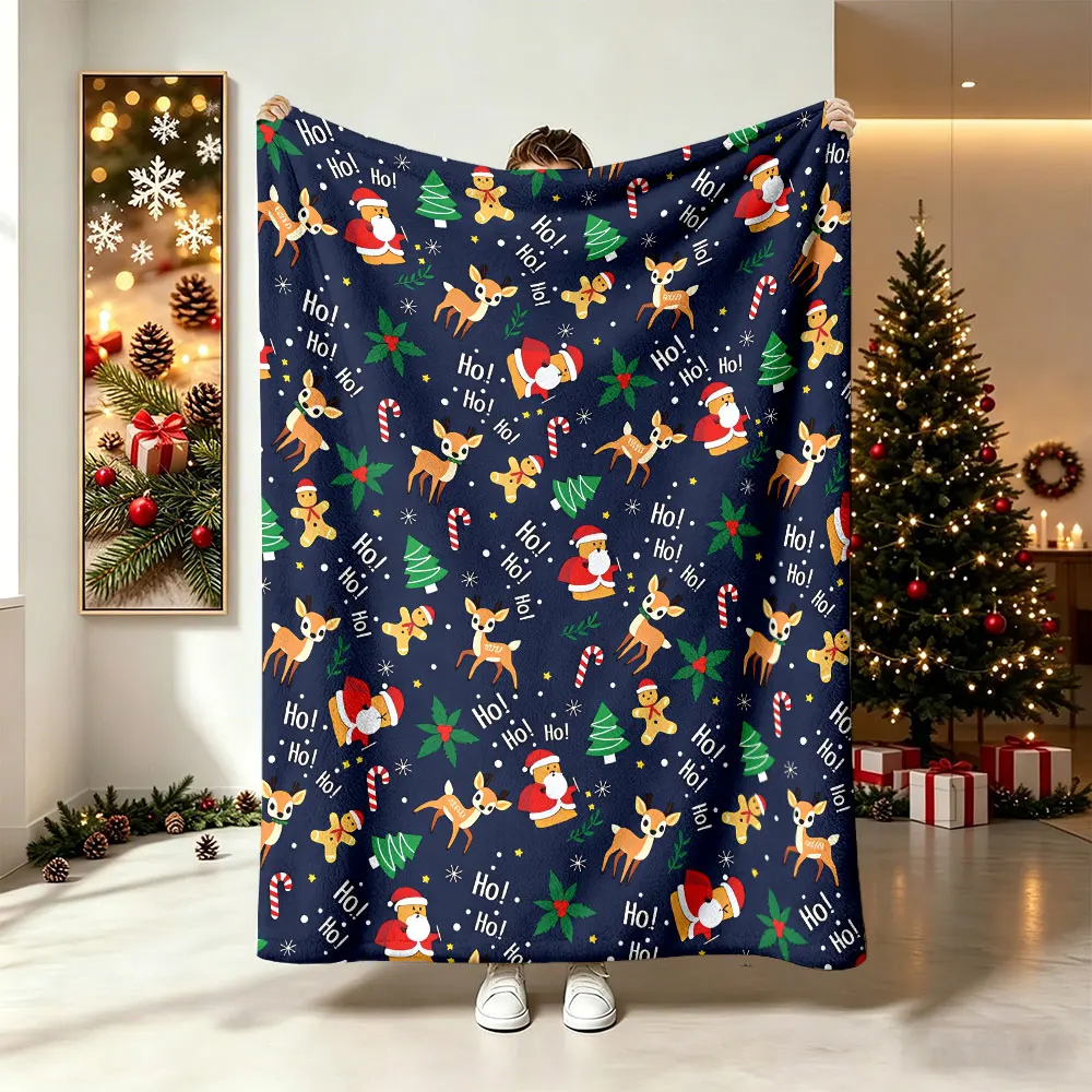 Navy Christmas Santa Reindeer Candy Cane All Over Print Flannel Blanket Soft Sofa Nap Blanket Holiday Home Decor Gift
