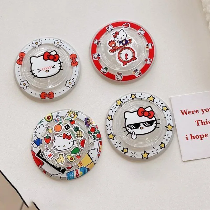 女の子のためのハローキティ磁気電話スタンド,かわいい漫画,円形エアバッグ,怠惰な伸縮式スタンド,アニメおもちゃ,ギフト,カワイイサンリオ