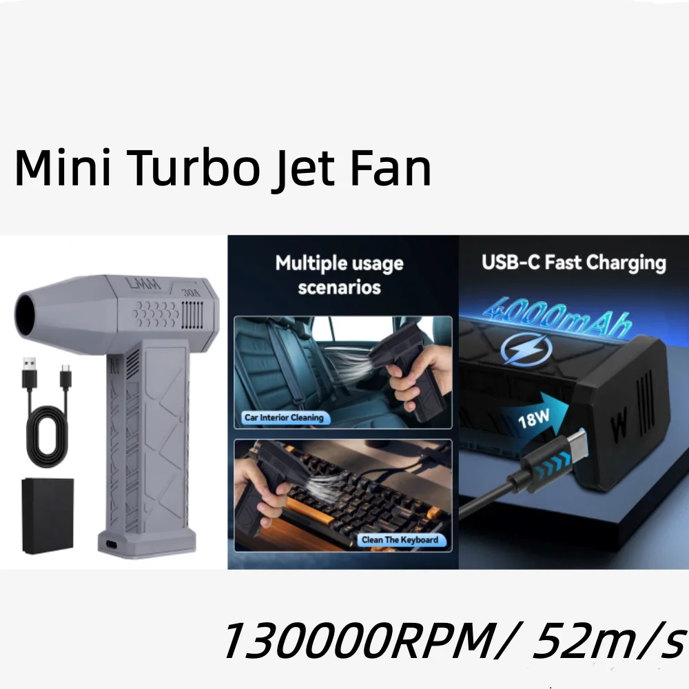 

130000RPM Mini Turbo Jet Fan USB Chargeable Air Blower Brushless Motor 52M/S Portable Dust Blowing High-Performance Water Dryer