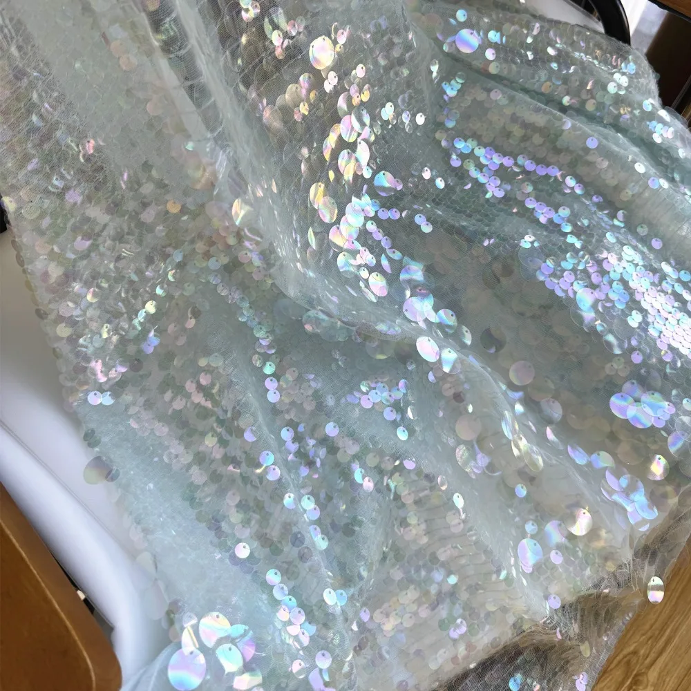 Light Blue Sheer Sequin Lace Tulle Fabric Sparkly Reflective Mesh for Sewing Wedding Dresses Stage Outfits DIY Fabric