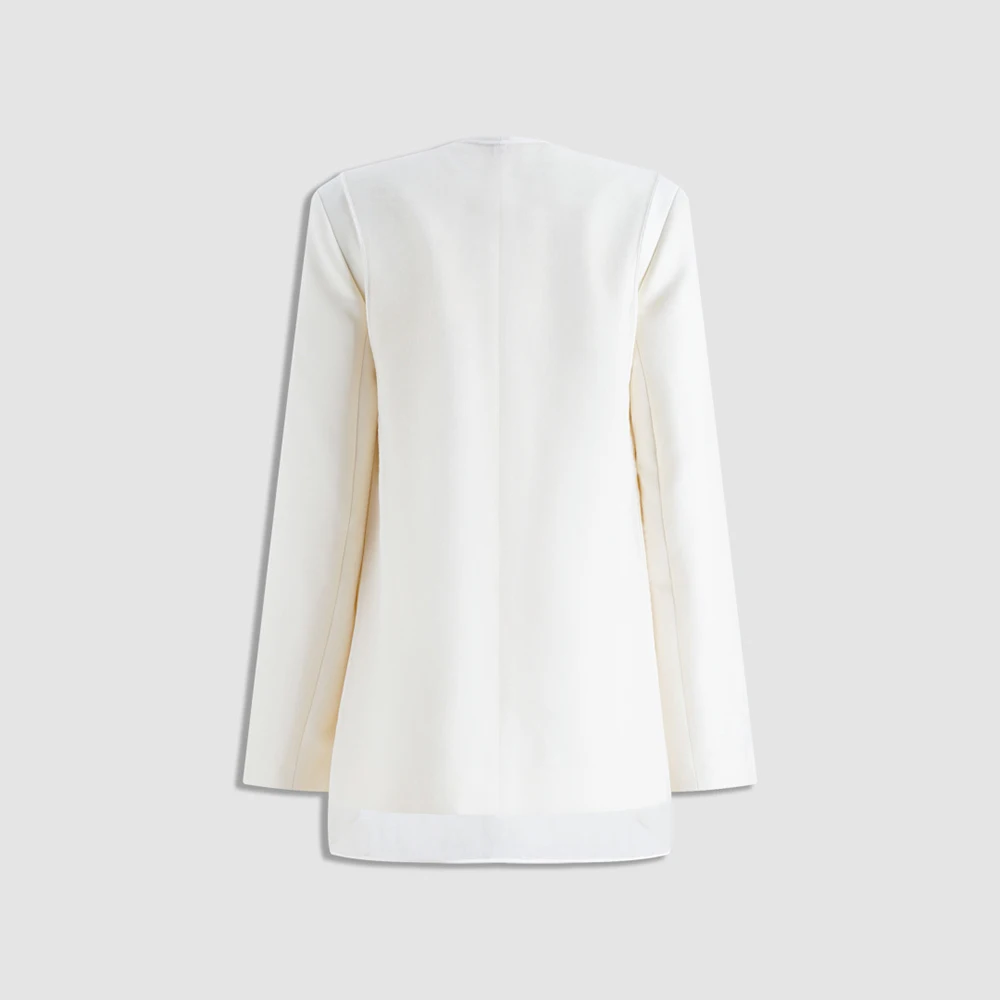 Women Wool‑Blend Open‑Front Blazer Jacket V‑Neck Fake Two‑Piece Layered Long‑Sleeve Office Business Ladies Outerwear Coat