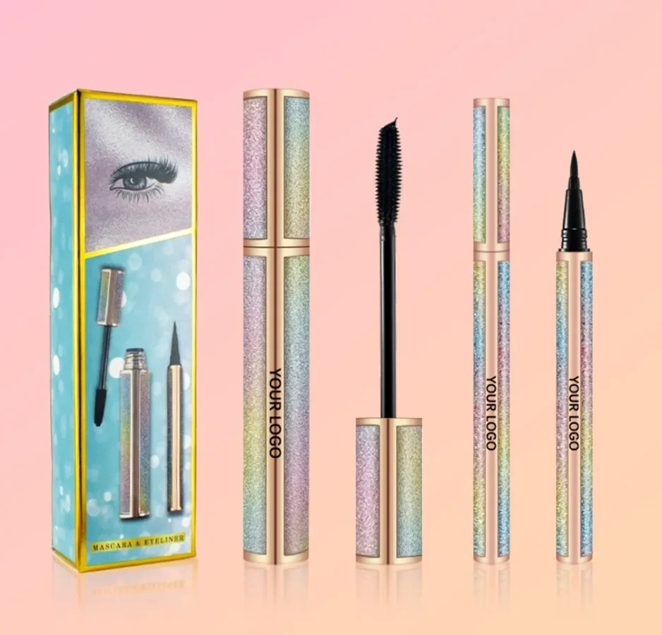 Kit de mascara et legiiner personnalisé, arc-en-ciel, étoile, optique, anti-taches, longue durée, curling, facile à porter, yeux, maquillage en vrac, ensemble de 2 pièces